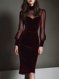 Elegant Mesh Polyester Velvet Stitching Sweetheart Neckline Slim Midi Dress
