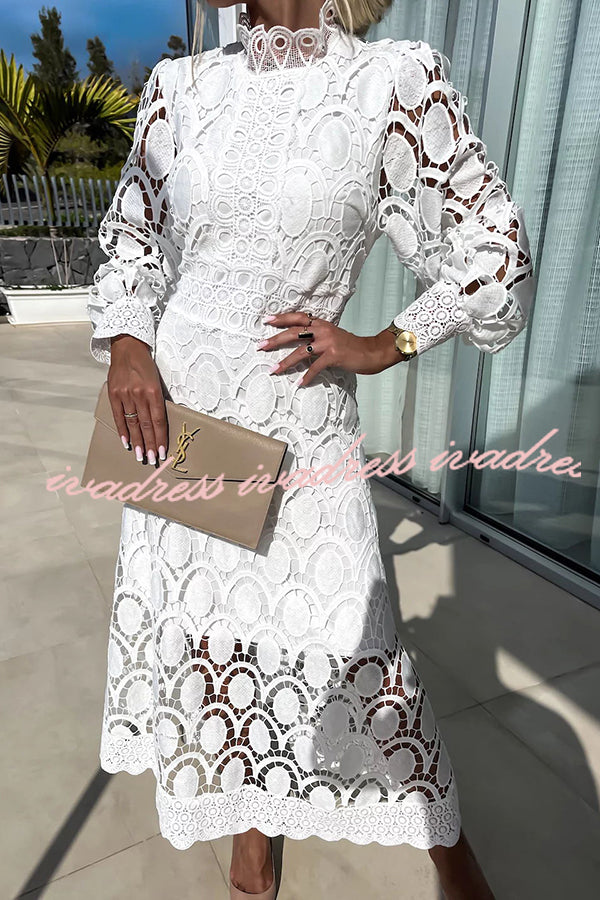 Romantic. Sensual and Elegant Crochet Lace Lantern Sleeve Party Midi Dress