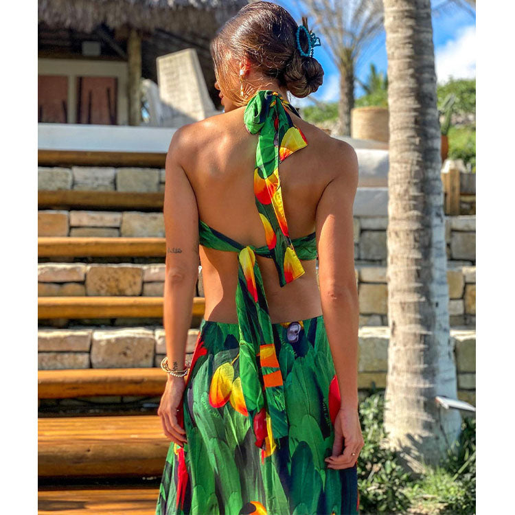 Halter Lace up Printed Midi Dress