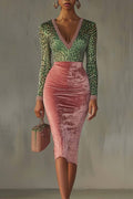 Leopard Print Sheer Panel Gradient Velvet Deep V-Neck Dress