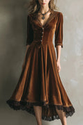 Fashionable Velvet and Lace Patchwork V-neck Button Midi Dress
