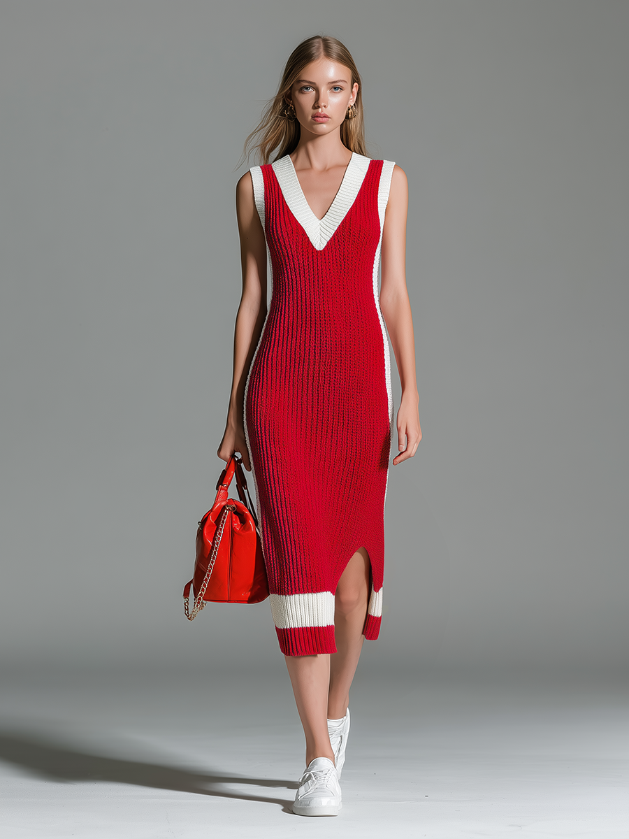 Stylish Casual And Elegant V-neck Split Knit Midi Dress
