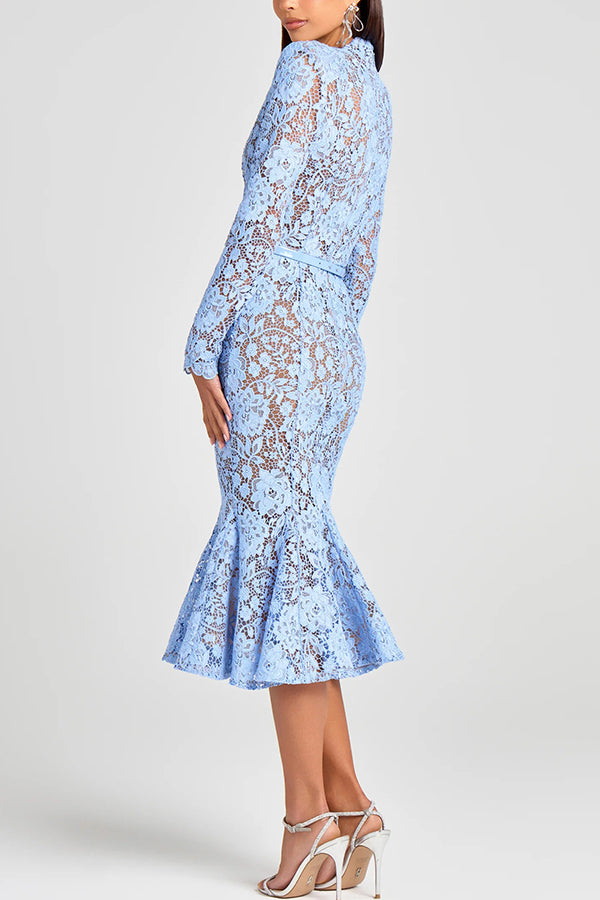 Feminine and Elegant Flower Lace Long Sleeve Bow Belted Flare Midi Dress