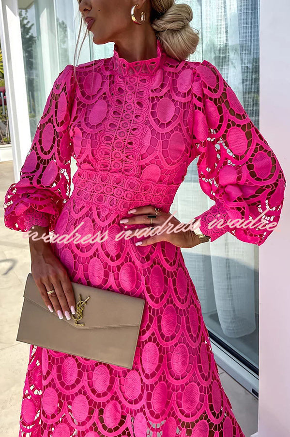 Romantic. Sensual and Elegant Crochet Lace Lantern Sleeve Party Midi Dress