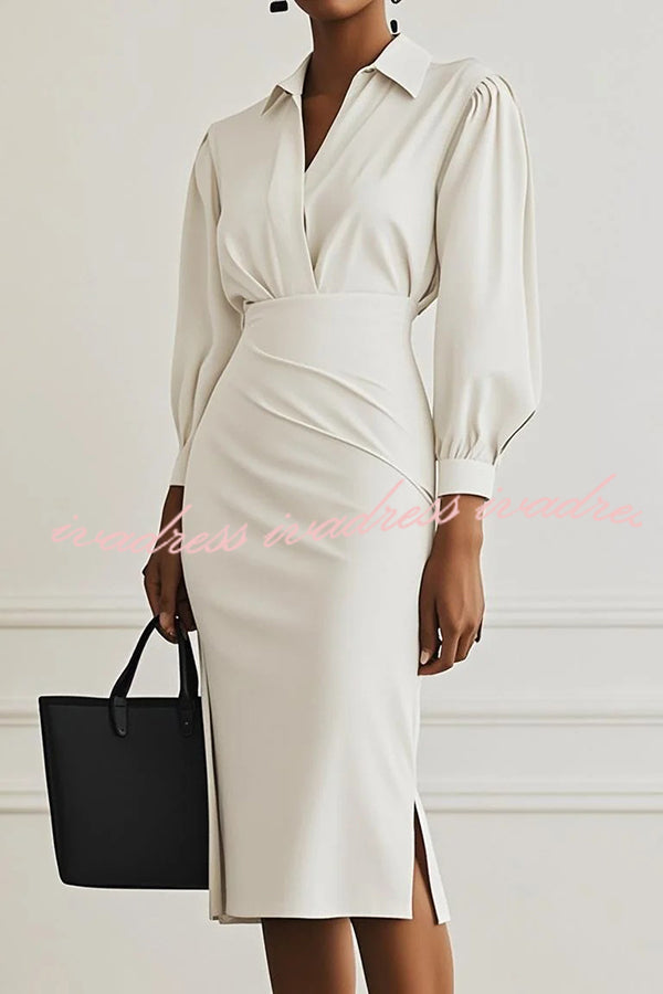 Fashion Lapel Long Sleeve Slim Waist Midi Dress
