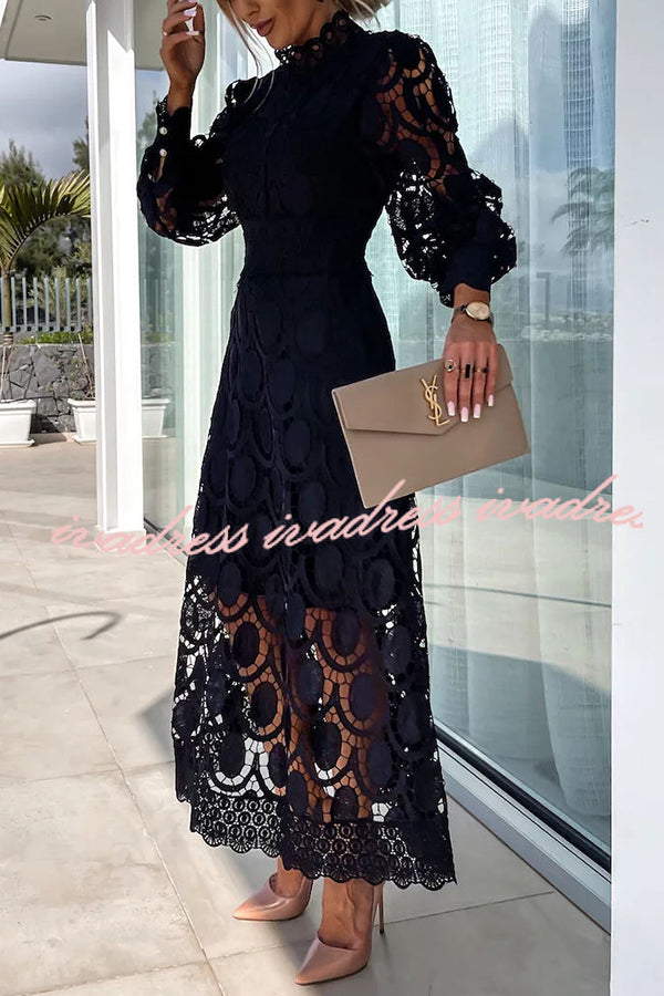 Romantic. Sensual and Elegant Crochet Lace Lantern Sleeve Party Midi Dress