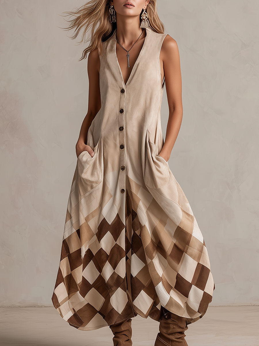 Casual Retro Diamond Pattern Off-white Faux Suede Sleeveless Midi Dress