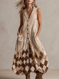 Casual Retro Diamond Pattern Off-white Faux Suede Sleeveless Midi Dress