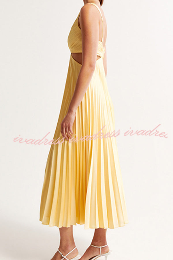 Summer Social Stain Pleated Cutout Waist Loose Midi Dress