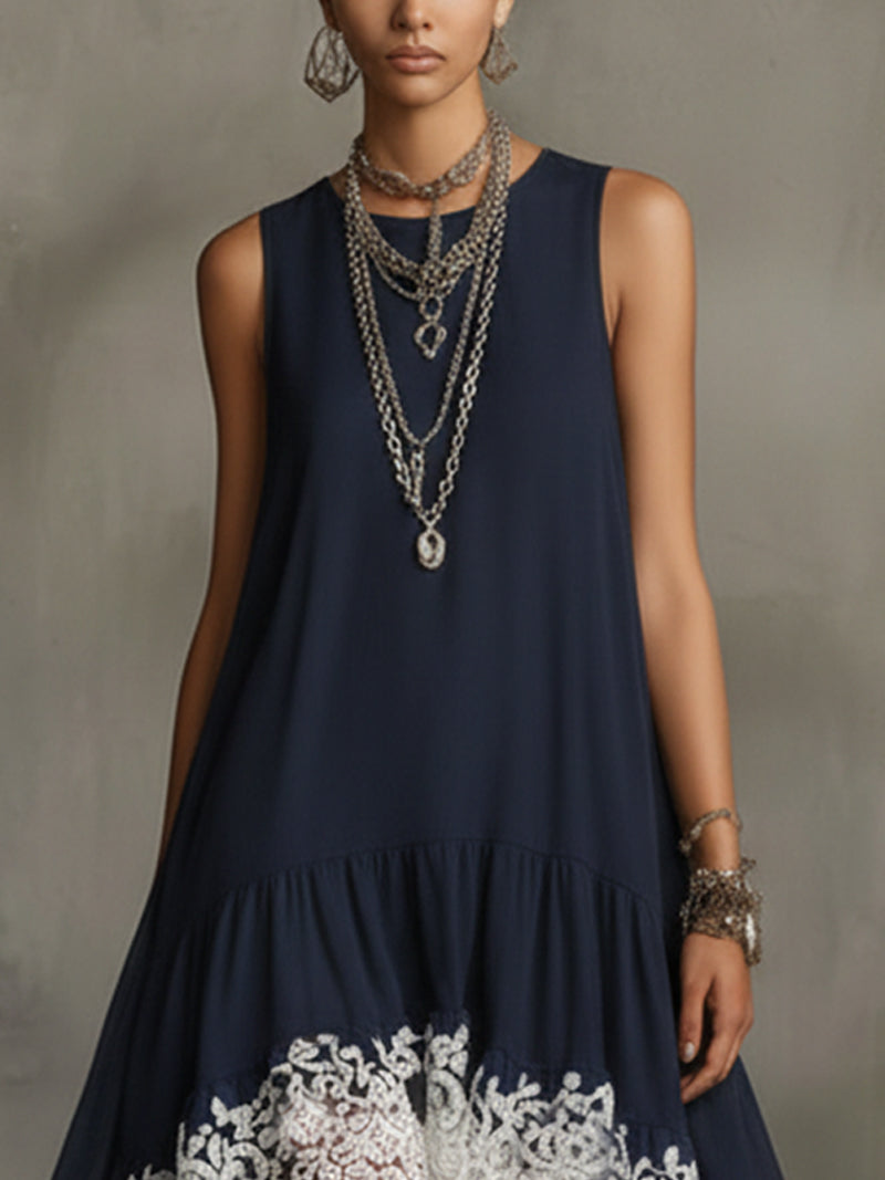 Navy Sleeveless High-Low Dress With White Lace Hem