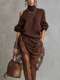Chocolate Knit Off Shoulder Tulle Long Sleeve Midi Dress