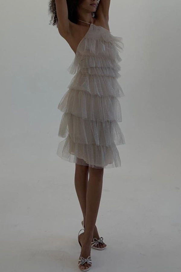 Best Days Patchwork Tulle Sheer Halterneck Pleated Midi Dress