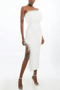 Retro and Glamorous Feather Trim Detail Bandeau Slit Stretch Midi Dress