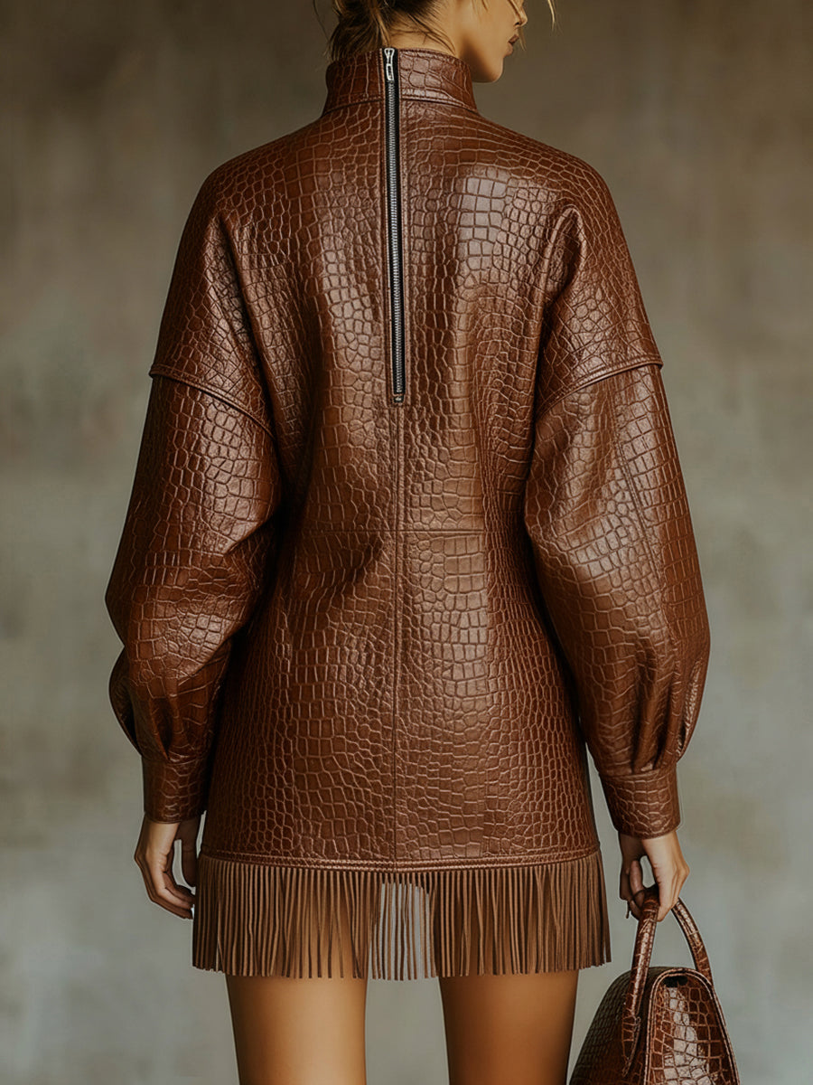 sheenchic Fashion Dark Brown High Neck Lantern Sleeve Pocket Fringe Crocodile PU Leather Mini Dress