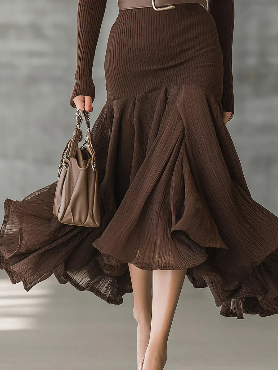 Cocktail Party Brown V Neck Long Sleeve Mermaid Elegant Contrast Knitted Midi Dresses