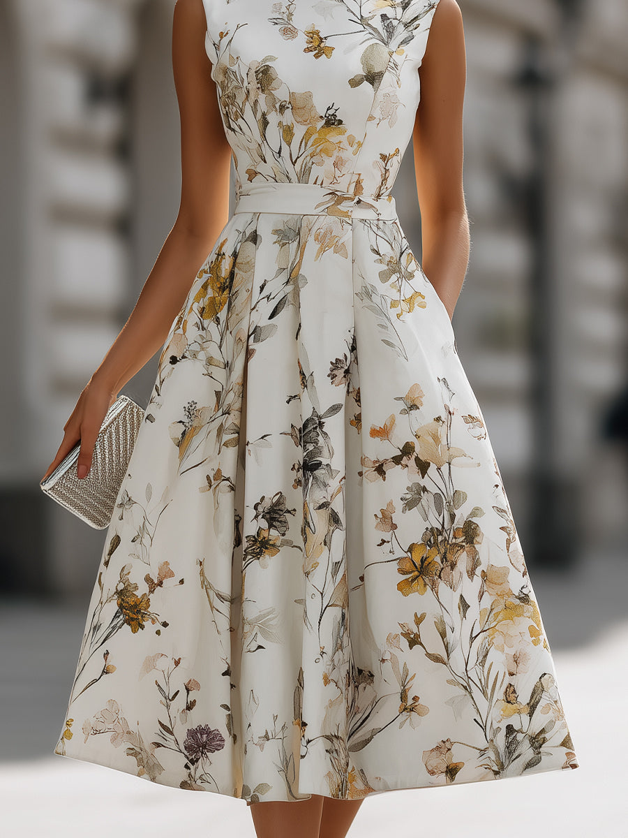 Sleeveless Belted Floral Midi Dress