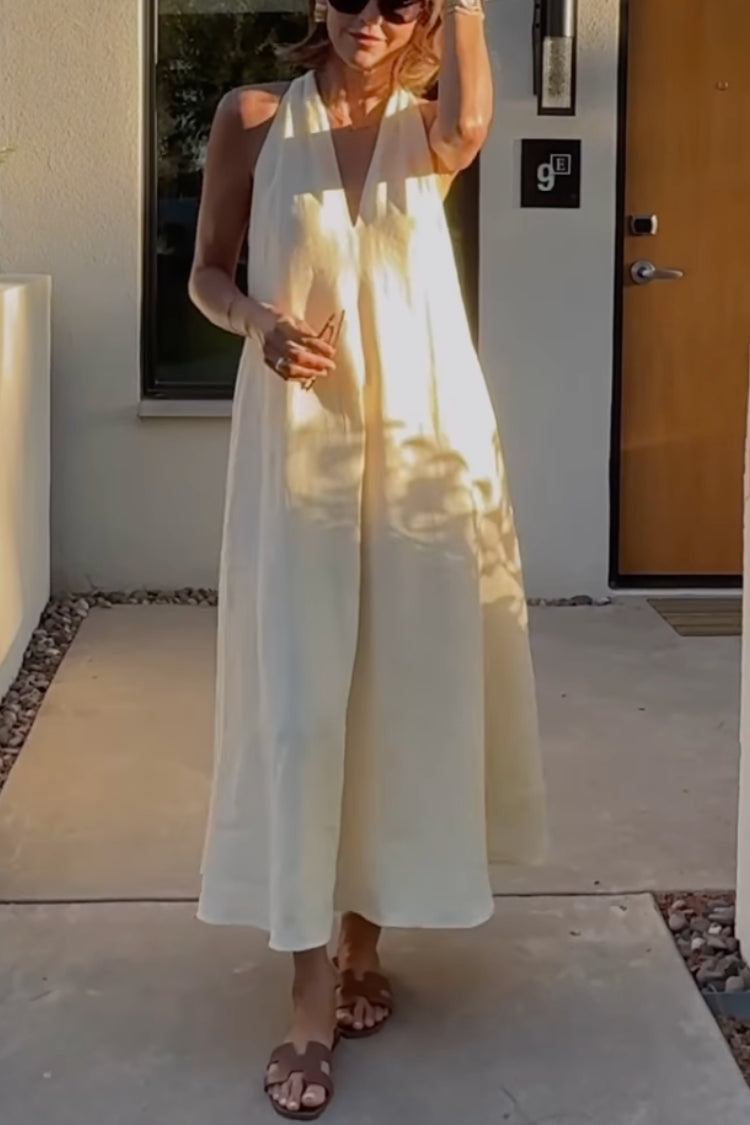 Old Money Style Linen Blend Back Twisted Pocket A-line Midi Dress