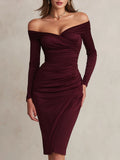 Burgundy Off-Shoulder Ruched Midi Dress