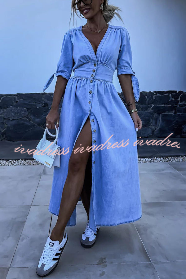 In A Fun Way Denim Puff Tie-up Sleeve Button Midi Dress
