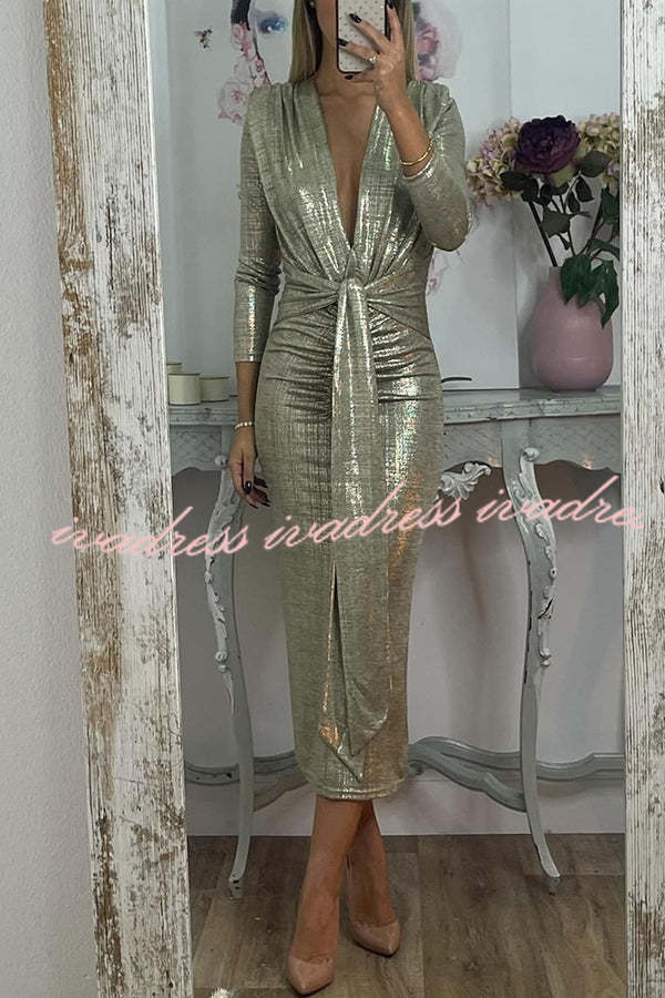 Shiny Lady Metallic Fabric Padded Long Sleeve Tie-up Ruched Midi Dress