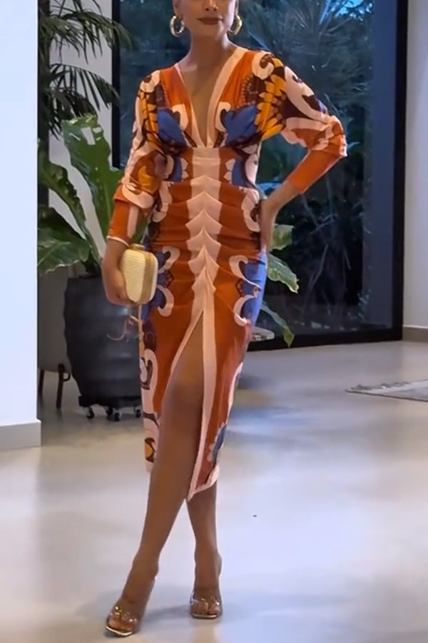 Bahamas Unique Print Dolman Long Sleeve Ruched Slit Midi Dress