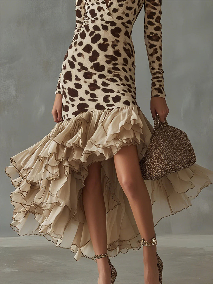 Evening Gowns Beige Leopard V Neck Long Sleeve Asymmetric Hem Vintage Contrast Midi Dresses