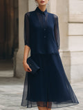 Button-Front Sheer Overlay Midi Dress