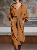 Hooded Double-pocket Faux Suede Long-sleeved Midi Dress