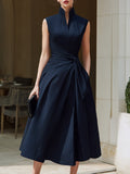 Sleeveless Wrap Midi Dress With Structured Stand Collar