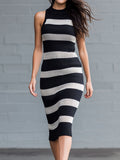 Classic Black And White Striped Knit Midi Dress