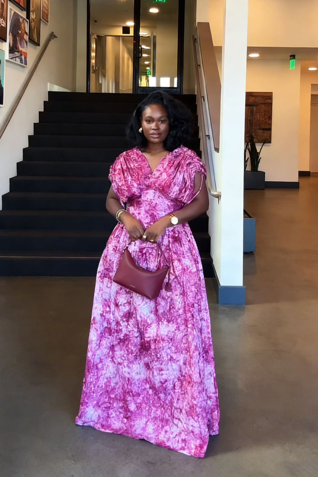 Fuchsia Tie-Dye V-Neck Puff Sleeve Maxi Dress