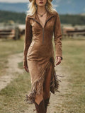 Western Dark Brown Suede Half Zip Long Sleeve Fringe Slit Hem Midi Dress