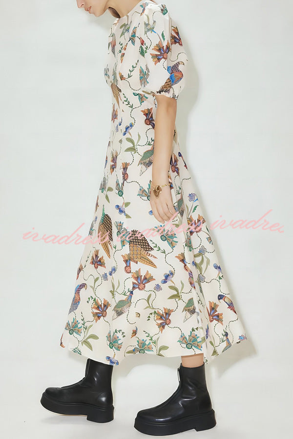 Level Up Floral Heaven Bird Print Puff Sleeve Midi Dress