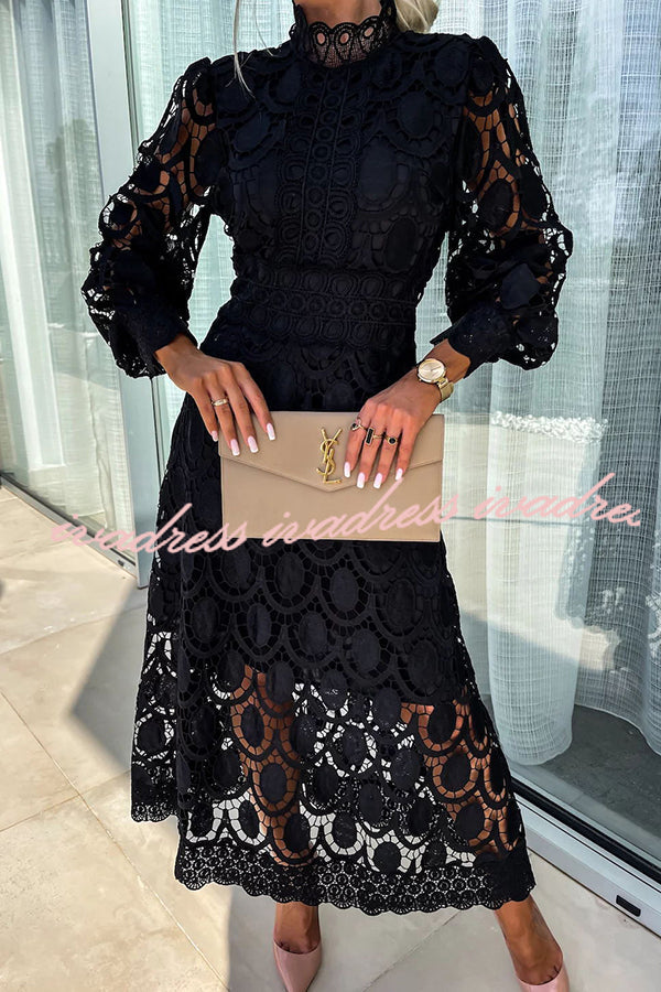 Romantic. Sensual and Elegant Crochet Lace Lantern Sleeve Party Midi Dress