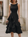 Sleeveless Midi Dress With Asymmetric Layered Ruffle Skirt