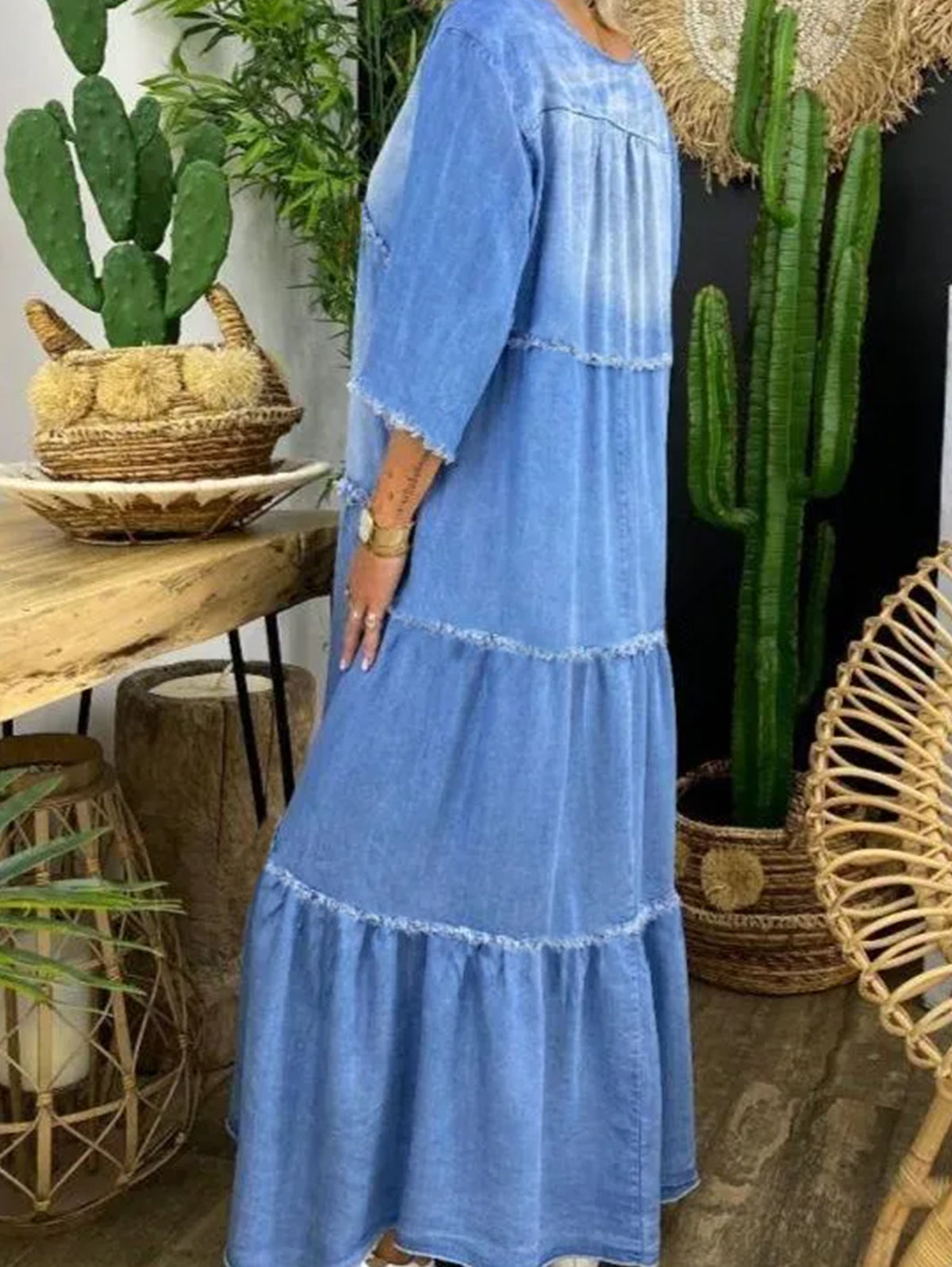 Casual Denim Washed Raw Trim V Neck Midi Dress