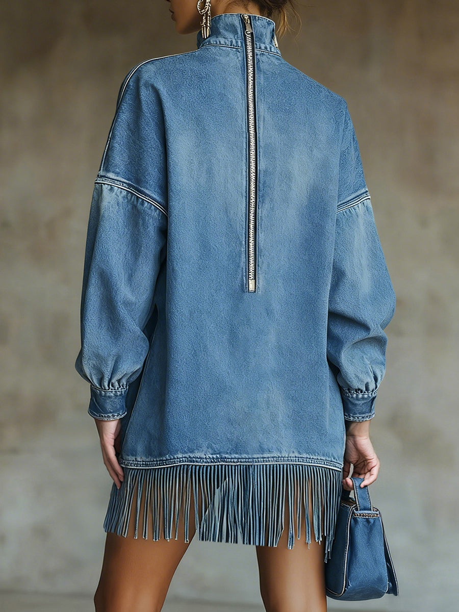 sheenchic Blue Denim High Neck Lantern Sleeve Pocket Fringe Hem Mini Dress