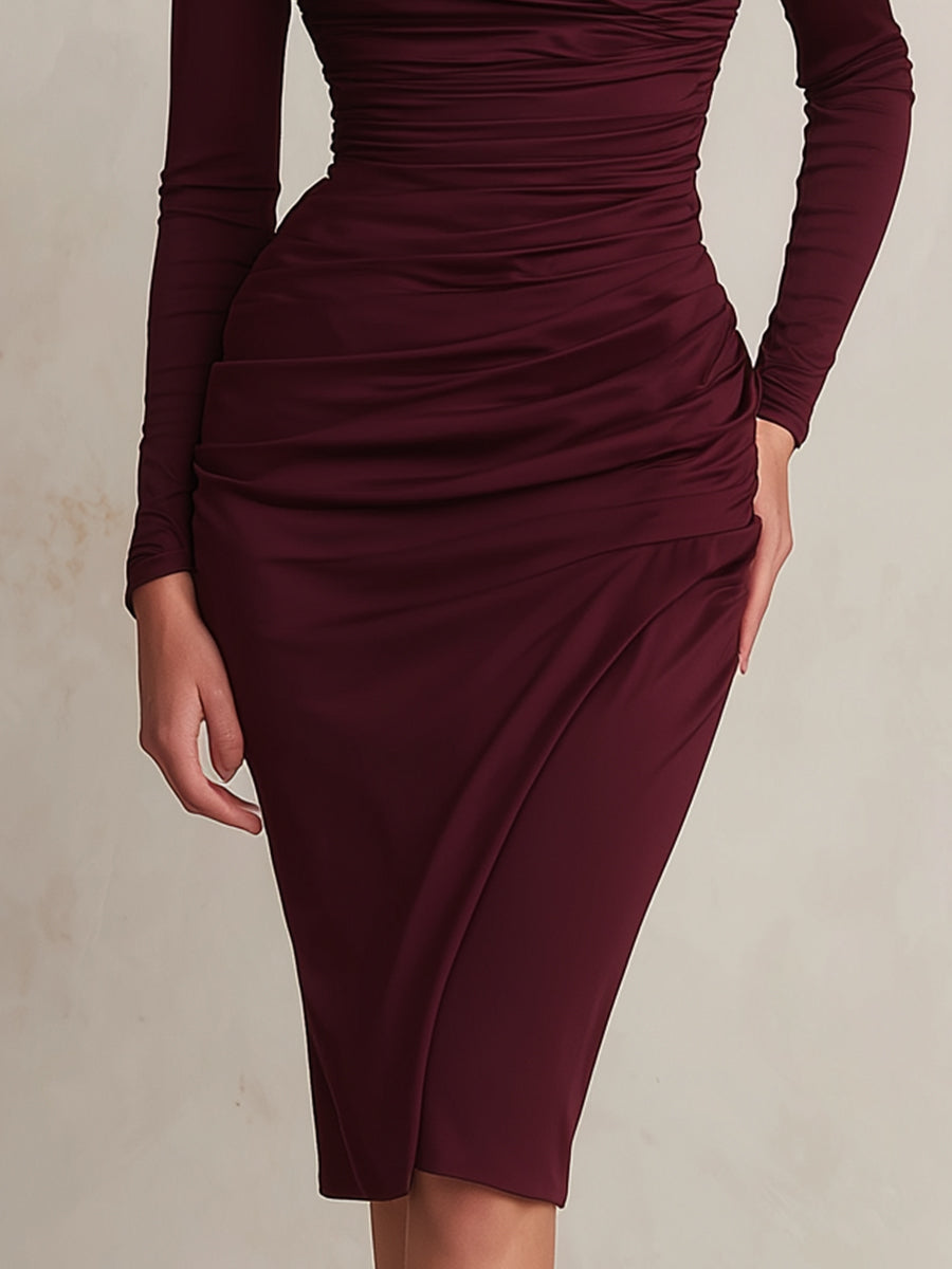 Burgundy Off-Shoulder Ruched Midi Dress