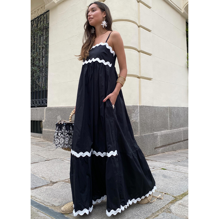 Sling Solid Color Wave Midi Dress