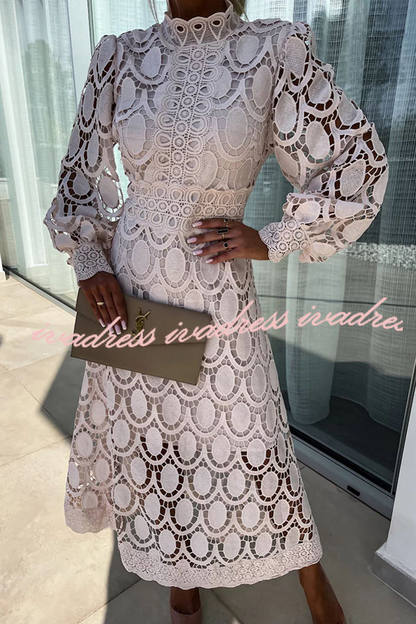 Romantic. Sensual and Elegant Crochet Lace Lantern Sleeve Party Midi Dress