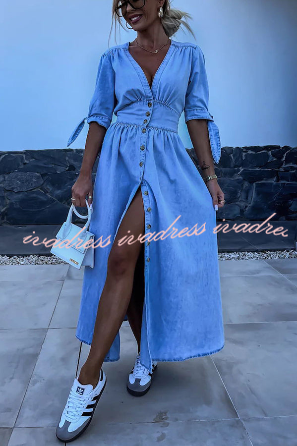 In A Fun Way Denim Puff Tie-up Sleeve Button Midi Dress