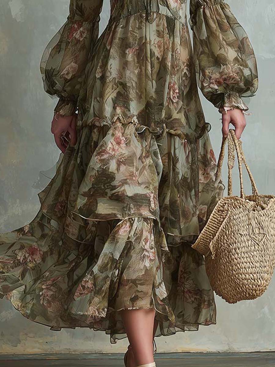 Vintage Floral Chiffon Long-Sleeve Tiered Midi Dress