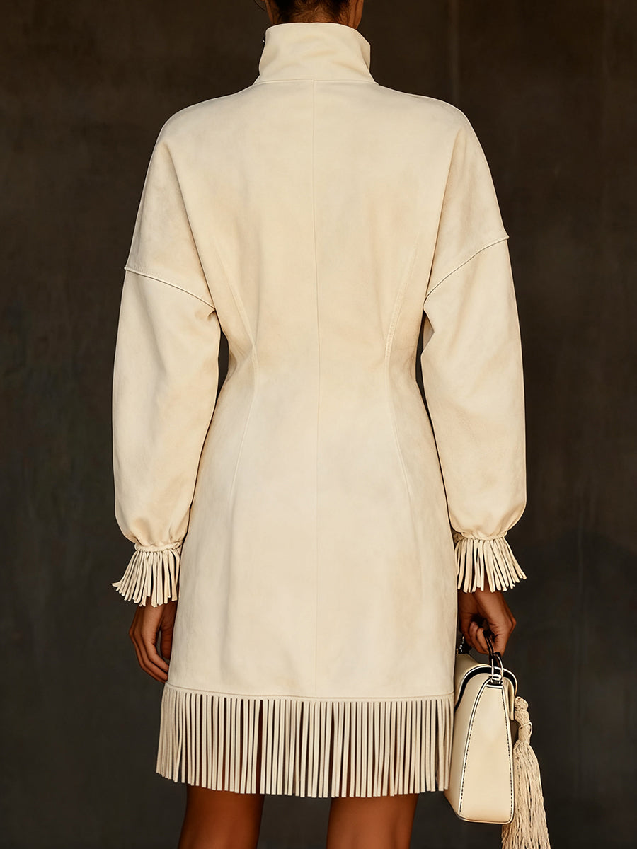 Casual White Stand Collar Long Sleeve Half-Zip Fringe Suede Mini Dress