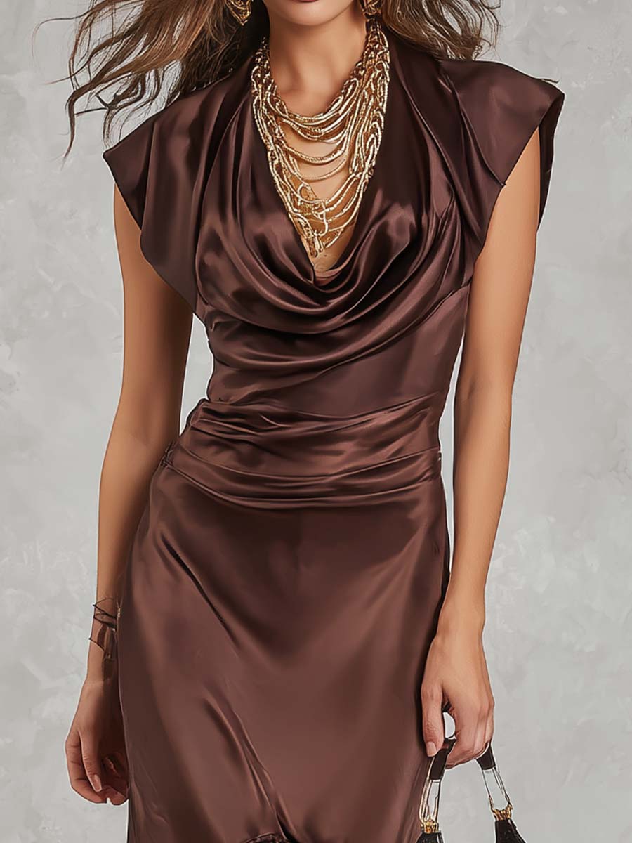 Elegant Vintage Draped Satin Midi Dress
