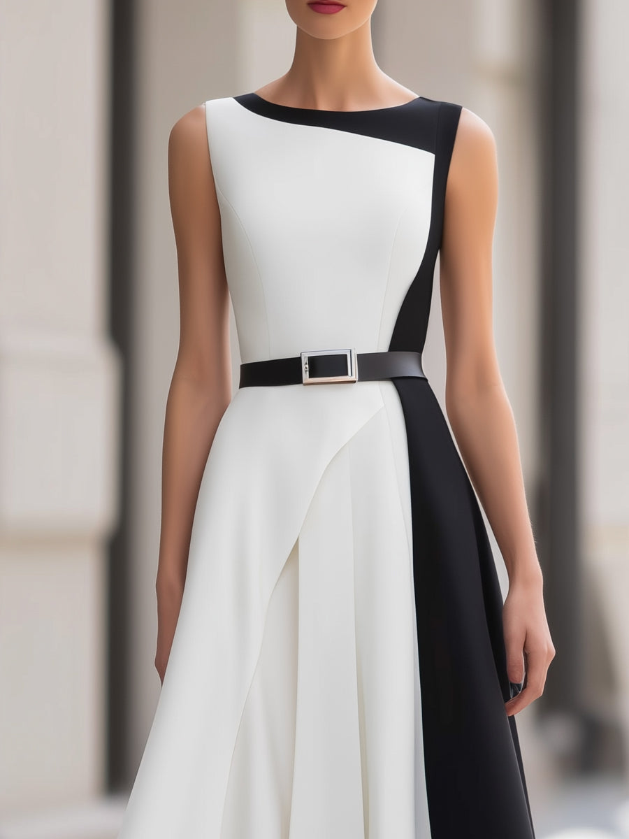 Colorblock Belted A-Linee Sleeveless Midi Dress