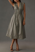 Kiera Faux Leather Smocked Waist Zipper Pocketed Midi Dress