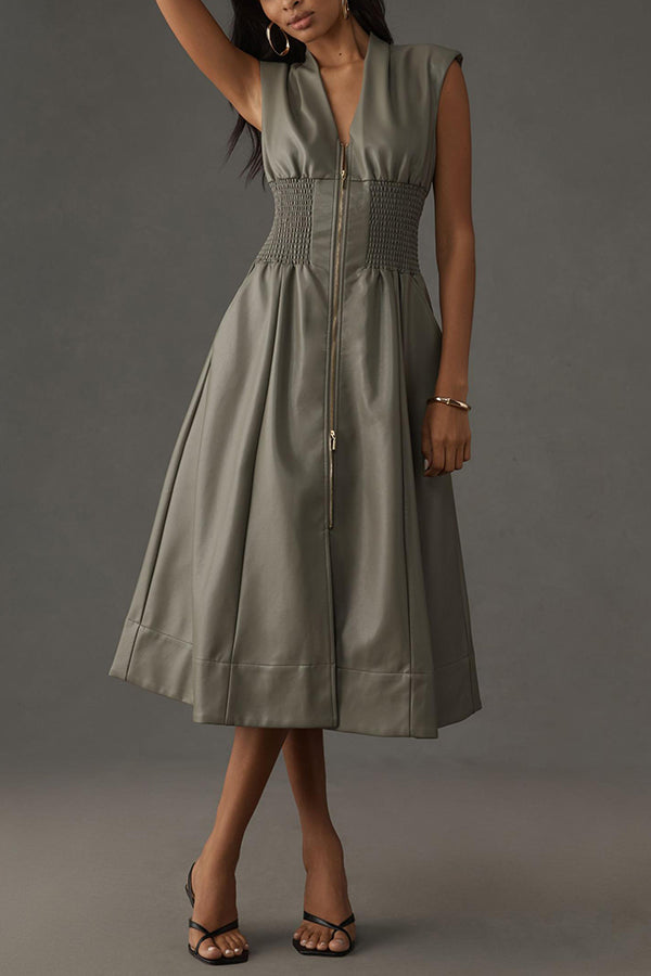 Kiera Faux Leather Smocked Waist Zipper Pocketed Midi Dress