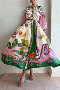 Effortless and Playful Print Balloon Sleeve Shirt Midi Dress