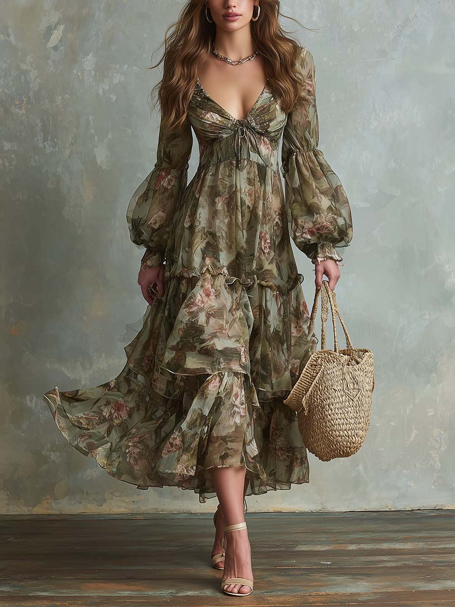 Vintage Floral Chiffon Long-Sleeve Tiered Midi Dress