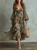 Vintage Floral Chiffon Long-Sleeve Tiered Midi Dress